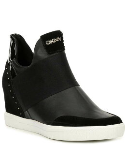 _iL fB[X V[Y Xj[J[ XG[h U[ DKNY by Donna Karan Cailin Leather and Suede Wedge Sneakers Black ubN