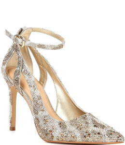 �W�����r�j ���f�B�[�X �V���[�Y �q�[�� �J�b�g�A�E�g �A���N�� Gianni Bini TeaganTwo Leopard Rhinestone Cut-Out Ankle Strap Pumps Sand Gold �T���h