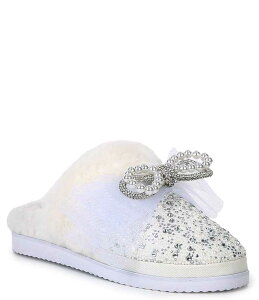 �W�����r�j ���f�B�[�X �V���[�Y �T���_�� Gianni Bini ComfieeThree Rhinestone and Pearl Bow Faux Fur Slippers White �z���C�g