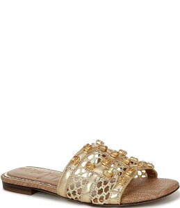 yz TGf} fB[X pvX V[Y Bay Metallic Mesh Jewel Embellished Double E Logo Detail Slide Sandals Amber Gold