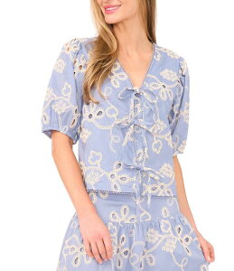 �Z�Z ���f�B�[�X �g�b�v�X �V���c V�l�b�N �h�J CeCe V-Neck Short Puff Sleeve Embroidered Tie Front Top Blue Pearl �p�[��