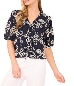 �Z�Z ���f�B�[�X �g�b�v�X �V���c V�l�b�N �h�J CeCe V-Neck Short Puff Sleeve Embroidered Tie Front Top Night Shade