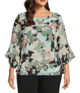 �J�X�p�[�� ���f�B�[�X �g�b�v�X �V���c �V�t�H�� �v���X�T�C�Y �t���� �u���E�X Kasper Plus Size Boat Neck 3/4 Ruffle Sleeve Clip Dot Chiffon Blouse Black Multi �u���b�N