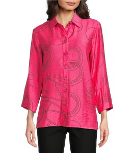 �A�� �}�C���X ���f�B�[�X �g�b�v�X �V���c �v�����g Ali Miles Woven Geometric Print Point Collar 3/4 Sleeve Button-Front Tunic Raspberry/Black �u���b�N