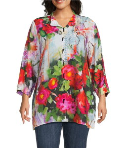 �A�� �}�C���X ���f�B�[�X �g�b�v�X �J�b�g�\�[ �t�����[�� �v���X�T�C�Y �t�����[ Ali Miles Plus Size Woven Floral Wire Neck 3/4 Cuff Sleeve Button-Front Tunic Multi Floral �}���`�J���[