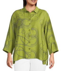 �A�� �}�C���X ���f�B�[�X �g�b�v�X �J�b�g�\�[ �v���X�T�C�Y �v�����g Ali Miles Plus Size Woven Geometric Print Point Collar 3/4 Sleeve Button-Front Tunic Olive/Black �u���b�N