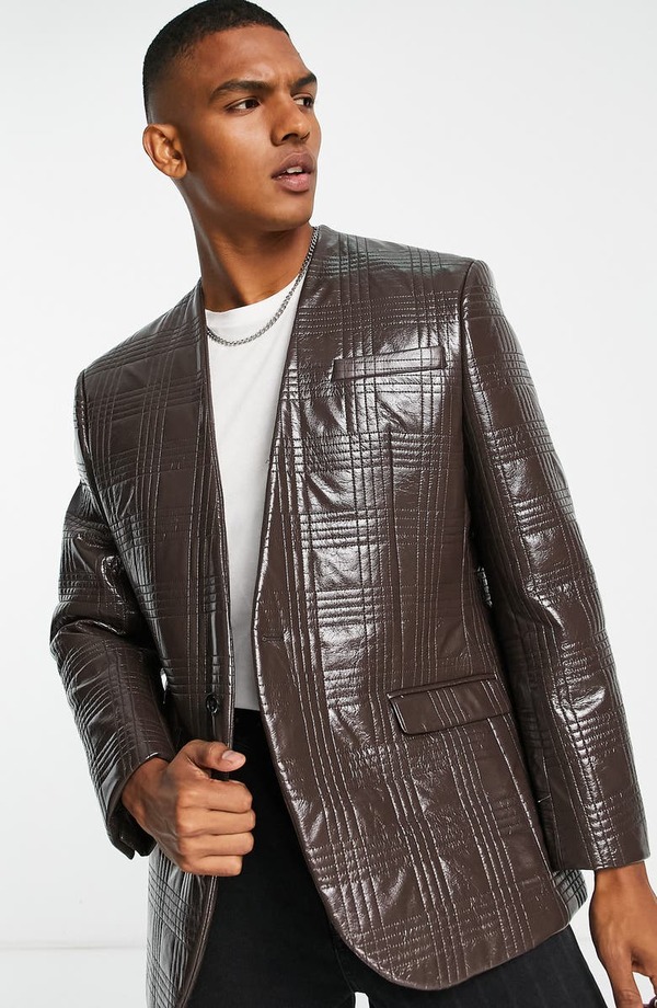 トップマン メンズ ジャケット・ブルゾン アウター Oversize Quilted Faux Leather Jacket BROWN 超お買い得！  メンズファッション