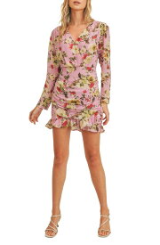 【送料無料】 ラッシュ レディース ワンピース トップス Floral Long Sleeve Ruched Minidress MAUVE MAGENTA