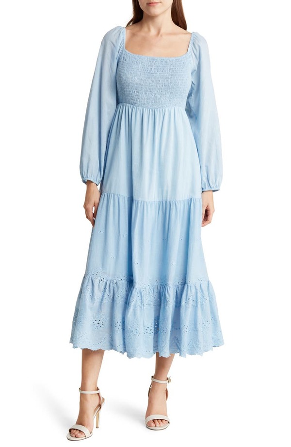 【送料無料】 エリアスターズ レディース ワンピース トップス Eyelet Trim Long Sleeve Cotton Dress BLUE：ReVida