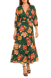 【送料無料】 マギーロンドン レディース ワンピース トップス Floral 3/4 Sleeve Tiered Maxi Dress PINE NEEDLE/ GOLDEN ROD