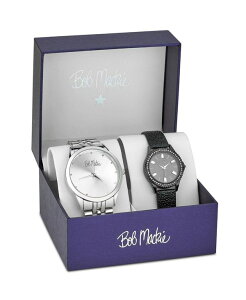 {u}bL Y ANZT[ rv U[ tFCNU[ Bob Mackie Men's and Women's Silver-tone Base Metal Bracelet and Black Faux Leather Strap 2 Piece Watch Set 45mm and 32mm Silver-tone Vo[