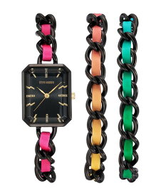 スティーブ マデン レディース 腕時計 アクセサリー Women's Rainbow Polyurethane Leather Strap with Attached Black-Tone Chain Watch Set, 22X28mm Black, Multi