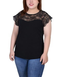 j[[NRNV fB[X Vc gbvX Plus Size Crepe Knit Top with Lace Flanged Sleeve Black