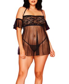 ホーティ レディース ナイトウェア アンダーウェア Odette Plus Size Dot Mesh and Lace Babydoll with Halter Strap, Cold Shoulder Design and Matching G-String Black