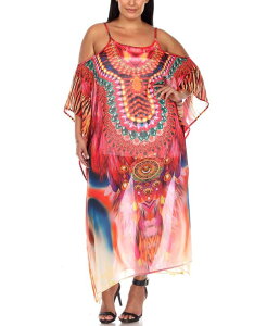 �z���C�g�}�[�N ���f�B�[�X �g�b�v�X �V���c �v���X�T�C�Y �V�A�[ �}�L�V White Mark Plus Size Sheer Maxi Caftan Red and Orange ���b�h