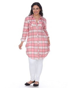 �z���C�g�}�[�N ���f�B�[�X �g�b�v�X �V���c �v���X�T�C�Y White Mark Plus Piper Stretchy Plaid Tunic Pink Beige �s���N