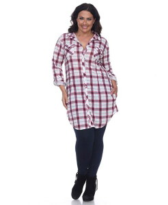 �z���C�g�}�[�N ���f�B�[�X �g�b�v�X �V���c �v���X�T�C�Y White Mark Plus Piper Stretchy Plaid Tunic Red White �z���C�g