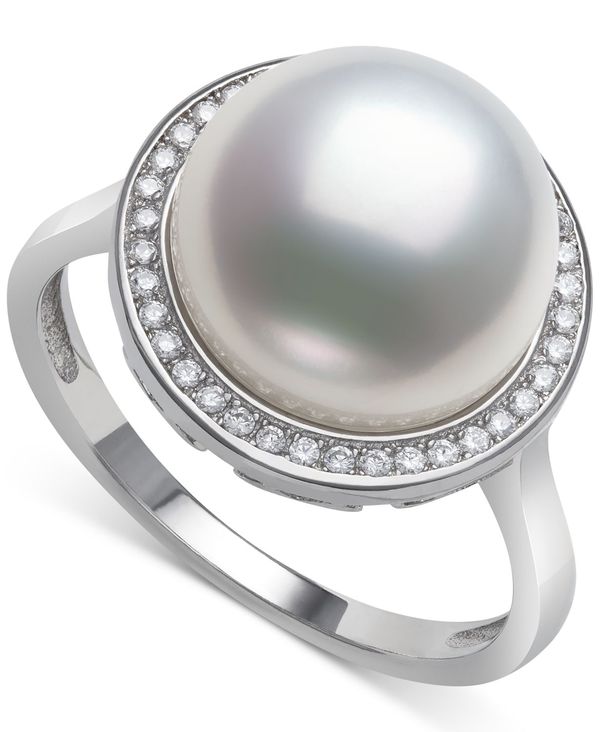 ベル ドゥ メール レディース リング アクセサリー Cultured Freshwater Button Pearl (11mm)  Cubic Zirconia Halo Ring in Sterling Silver Sterling Silver