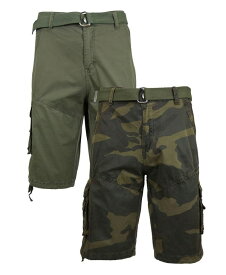 ギャラクシーバイハルビック メンズ ハーフパンツ・ショーツ ボトムス Men's Belted Cargo Shorts with Twill Flat Front Washed Utility Pockets, Pack of 2 Olive and Woodland Camo