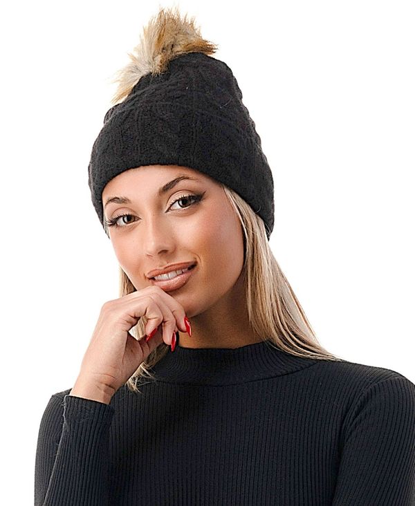 マーカスアドレール レディース 帽子 アクセサリー Women's Cable Knit Faux Fur Pom Beanie Black