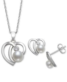 ベル ドゥ メール レディース リング アクセサリー 2-Pc. Set Cultured Freshwater Button Pearl (6mm) & Cubic Zirconia Heart Pendant Necklace & Matching Stud Earrings in Sterling Silver Sterling Silver