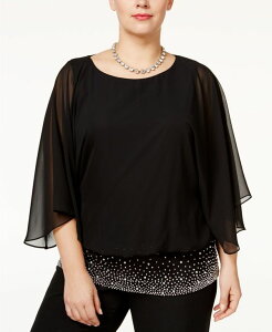 �~�X�N ���f�B�[�X �g�b�v�X �V���c �V�t�H�� �v���X�T�C�Y �u���E�X MSK Plus Size Embellished Chiffon Blouse Black �u���b�N
