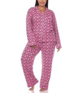 �z���C�g�}�[�N ���f�B�[�X �A���_�[�E�F�A �i�C�g�E�F�A �v���X�T�C�Y �v�����g White Mark Plus Size 2 Piece Long Sleeve Heart Print Pajama Set Pink Hearts �s���N