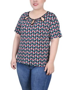 j[[NRNV fB[X Vc gbvX Plus Size Short Sleeve with Ring Details Top Black Teal White Geo