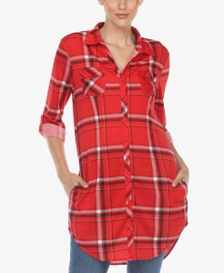 �z���C�g�}�[�N ���f�B�[�X �g�b�v�X �V���c White Mark Women's Plaid Tunic Top Shirt Red ���b�h