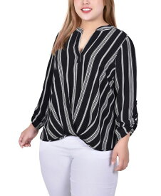【送料無料】 ニューヨークコレクション レディース シャツ ブラウス トップス Plus Size 3/4 Sleeve Mandarin Collar Blouse with Front Pleats Black White Stripe