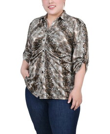 【送料無料】 ニューヨークコレクション レディース シャツ トップス Plus Size 3/4 Roll Tab Rouched-Front Top Snake Animal