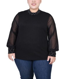 【送料無料】 ニューヨークコレクション レディース シャツ トップス Plus Size Long Mesh Sleeve Pullover Top with Jewels Black