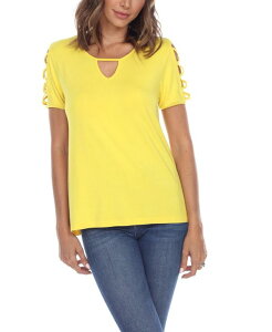 �z���C�g�}�[�N ���f�B�[�X �g�b�v�X �V���c �J�b�g�A�E�g White Mark Women's Keyhole Neck Cutout Short Sleeve Top Yellow �C�G���[