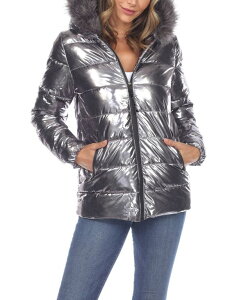 �z���C�g�}�[�N ���f�B�[�X �A�E�^�[ �W���P�b�g�E�u���]�� �g�[�� �R�[�g �p�[�J�[ White Mark Women's Metallic Puffer Coat With Hoodie Navy �l�C�r�[