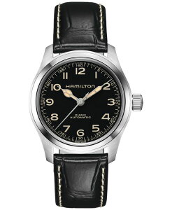 n~g Y ANZT[ rv U[ Hamilton Men's Swiss Automatic Khaki Field Murph Black Leather Strap Watch 38mm Brown uE