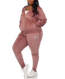 【送料無料】 ホワイトマーク レディース ナイトウェア アンダーウェア Plus Size Rhinestone Velour Tracksuit 2 Piece Set Pink