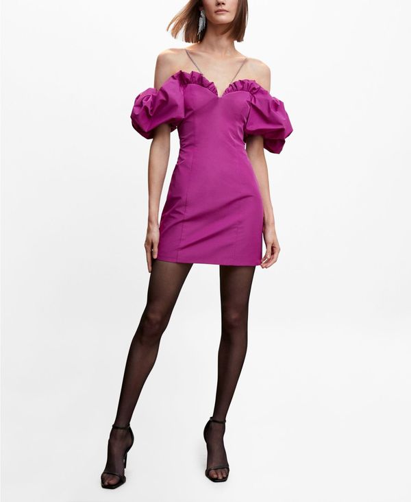 マンゴ　レディース　ワンピース　Sleeves　Puffed　Women's　トップス　Purple　Short　Dress