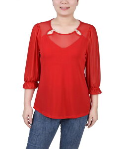 yz j[[NRNV fB[X Vc gbvX Petite 3/4 Sleeve Ringed Mesh Top Bittersweet