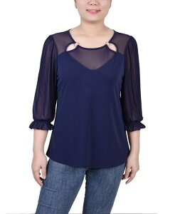 �j���[���[�N�R���N�V���� ���f�B�[�X �g�b�v�X �V���c �v�` ���b�V�� NY Collection Petite 3/4 Sleeve Ringed Mesh Top Eclipse