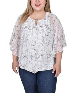 �j���[���[�N�R���N�V���� ���f�B�[�X �g�b�v�X �V���c �V�t�H�� �v���X�T�C�Y NY Collection Plus Size Chiffon Poncho Top with Ring Ivory Floral �A�C�{���[