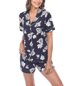 【送料無料】 ホワイトマーク レディース ナイトウェア アンダーウェア Women's Short Sleeve Floral Pajama Set, 2-Piece Navy