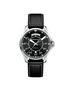 �n�~���g�� �����Y �A�N�Z�T���[ �r���v ���U�[ Hamilton Men's Swiss Automatic Khaki Pilot Black Leather Strap Watch 42mm No Color �u���b�N