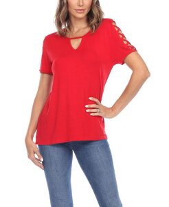 �z���C�g�}�[�N ���f�B�[�X �g�b�v�X �V���c �J�b�g�A�E�g White Mark Women's Keyhole Neck Cutout Short Sleeve Top Red ���b�h