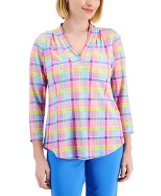 【送料無料】 チャータークラブ レディース シャツ トップス Petite Willow Plaid Knit V-Neck 3/4-Sleeve Top, Created for Macy's Peony Combo