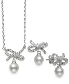 【送料無料】 ベル ドゥ メール レディース ネックレス・チョーカー・ペンダントトップ アクセサリー 2-Pc. Set Cultured Freshwater Pearl (6mm) & Cubic Zirconia Ribbon Pendant Necklace & Matching Drop Earrings in Sterling Silver Silver