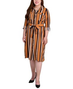 j[[NRNV fB[X gbvX s[X Vcs[X vXTCY vg Vc NY Collection Plus Size Printed Shirt Dress Mustard Stripe }X^[h