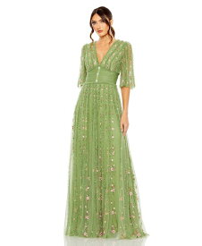 【送料無料】 マックダガル レディース ワンピース トップス Women's Floral Ruffle Detail Long V-Neck Gown Moss green