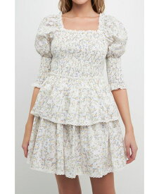 【送料無料】 フリーザロージズ レディース ワンピース トップス Women's Lace Trim Floral Print Smocked Sleeve Mini Dress White