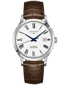 �����W�� �����Y �A�N�Z�T���[ �r���v ���U�[ Longines Men's Swiss Automatic Record Chronometer Brown Leather Strap Watch 40mm Silver �V���o�[