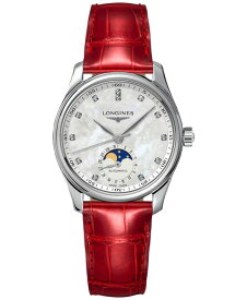 【送料無料】 ロンジン レディース 腕時計 アクセサリー Women's Swiss Automatic Master Diamond (1/20 ct. t.w.) Red Leather Strap Watch 34mm Silver